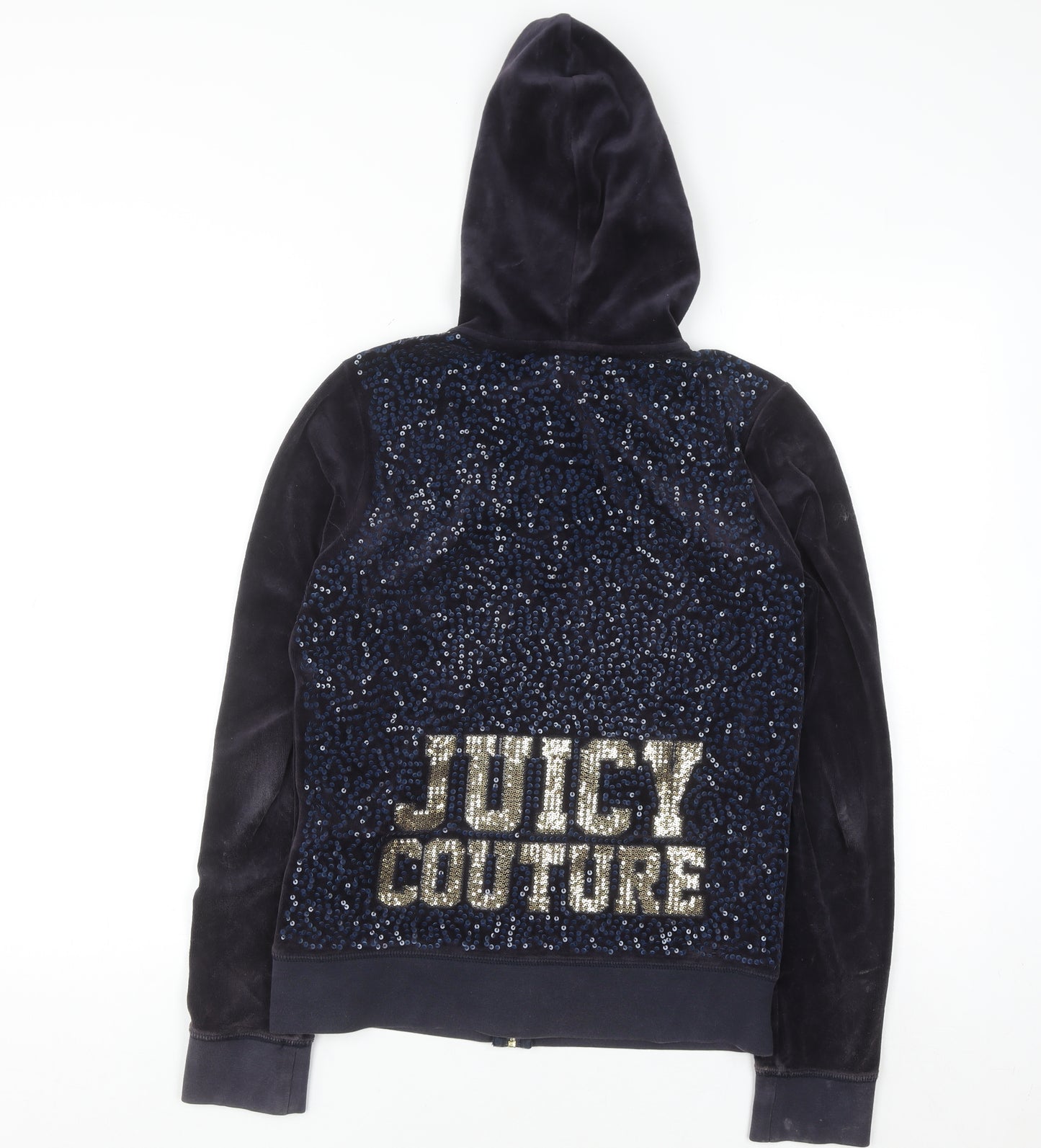 Juicy Couture Women's Navy Velour Full Zip Hoodie M Sequin Logo