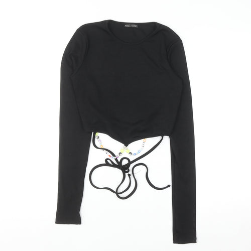 Bershka Women’s Black Cropped Long Sleeve Slim Fit Beaded Tie T-Shirt S