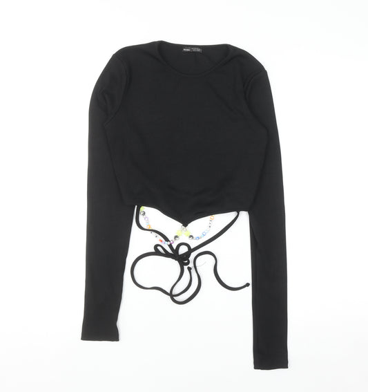 Bershka Women’s Black Cropped Long Sleeve Slim Fit Beaded Tie T-Shirt S