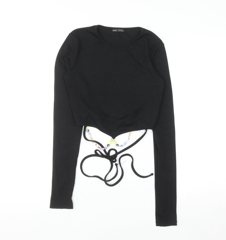 Bershka Women’s Black Cropped Long Sleeve Slim Fit Beaded Tie T-Shirt S