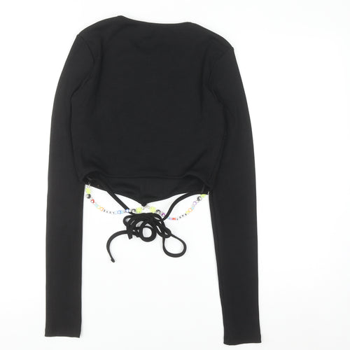 Bershka Women’s Black Cropped Long Sleeve Slim Fit Beaded Tie T-Shirt S