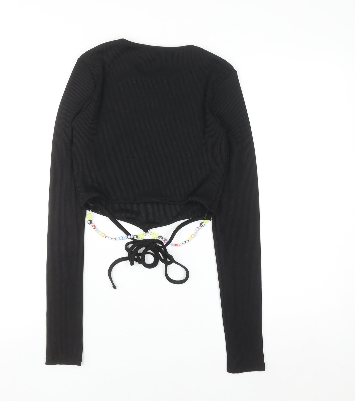 Bershka Women’s Black Cropped Long Sleeve Slim Fit Beaded Tie T-Shirt S