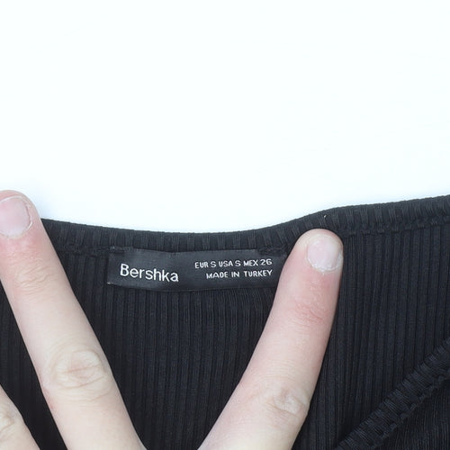 Bershka Women’s Black Cropped Long Sleeve Slim Fit Beaded Tie T-Shirt S