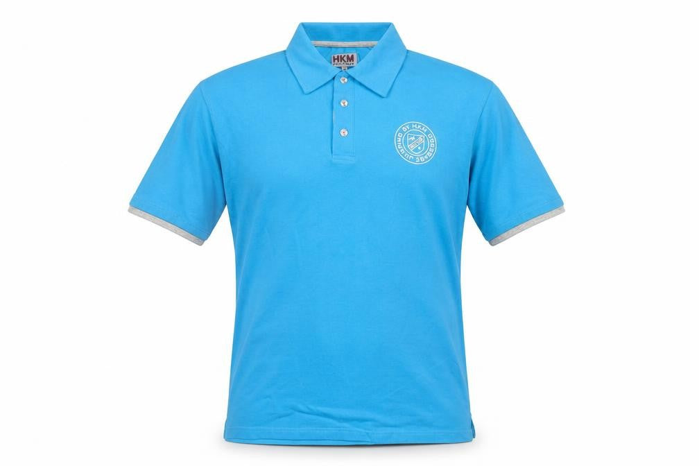 Front view of HKM Pro Team Men's Blue Cotton Stretch Polo Shirt M