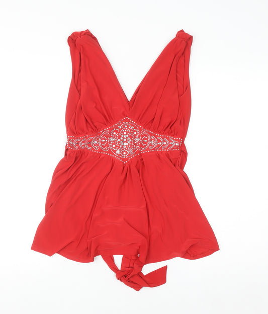 Quiz Women's Red Camisole Blouse Size 12 V-Neck Beaded Chiffon Top