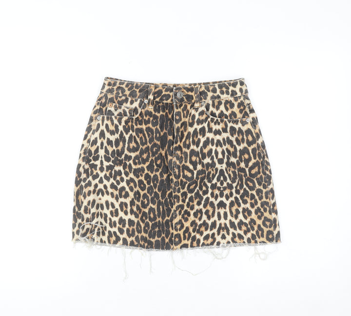 Denim Co. Womens Brown Leopard Print Mini Skirt Size 8 Cotton Denim