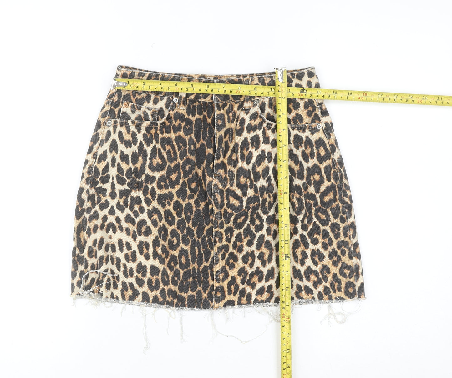 Denim Co. Womens Brown Leopard Print Mini Skirt Size 8 Cotton Denim