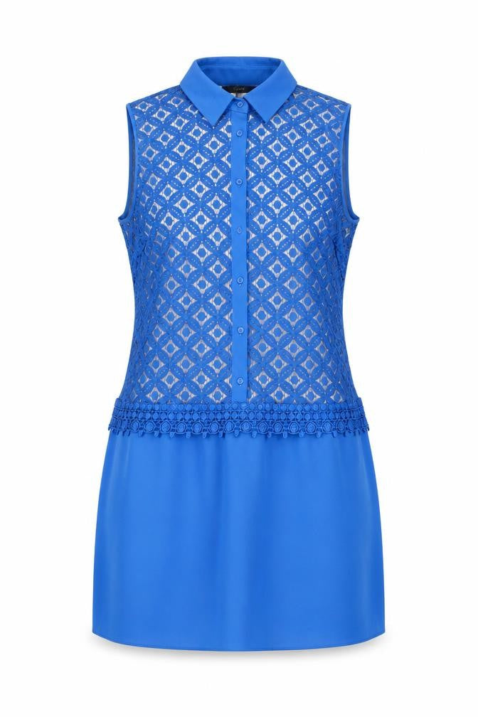 Front view of Coast Women’s Blue Lace Overlay Collared Shift Dress, size UK 16
