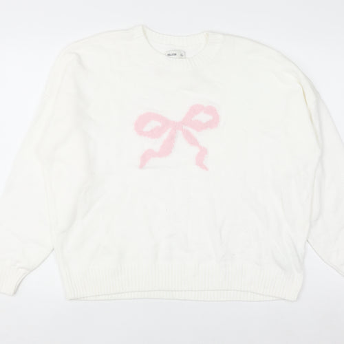 Hollister Women White L Knit Bow Pullover Jumper Cotton Blend