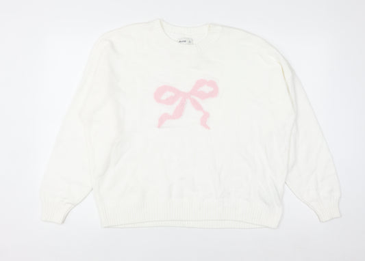 Hollister Women White L Knit Bow Pullover Jumper Cotton Blend