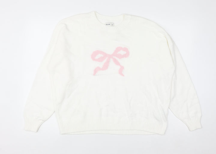 Hollister Women White L Knit Bow Pullover Jumper Cotton Blend