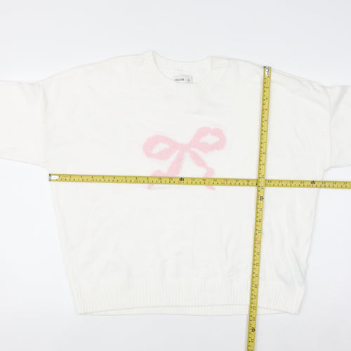 Hollister Women White L Knit Bow Pullover Jumper Cotton Blend