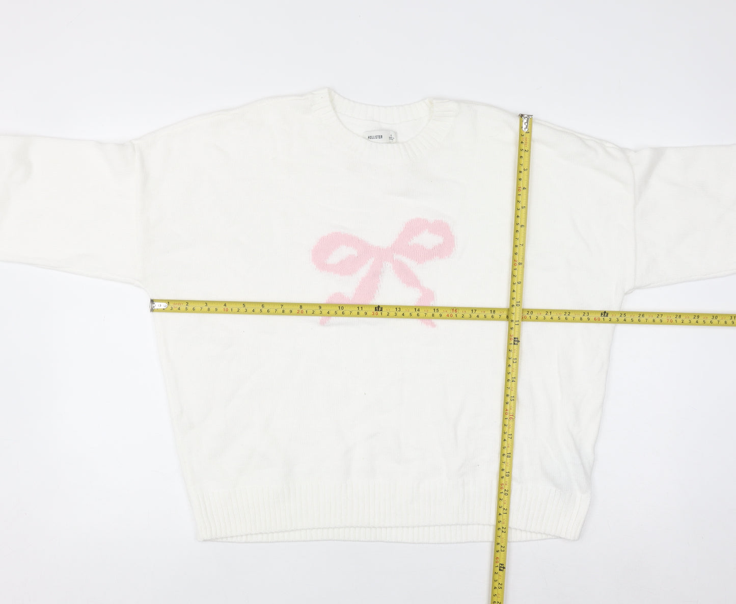 Hollister Women White L Knit Bow Pullover Jumper Cotton Blend