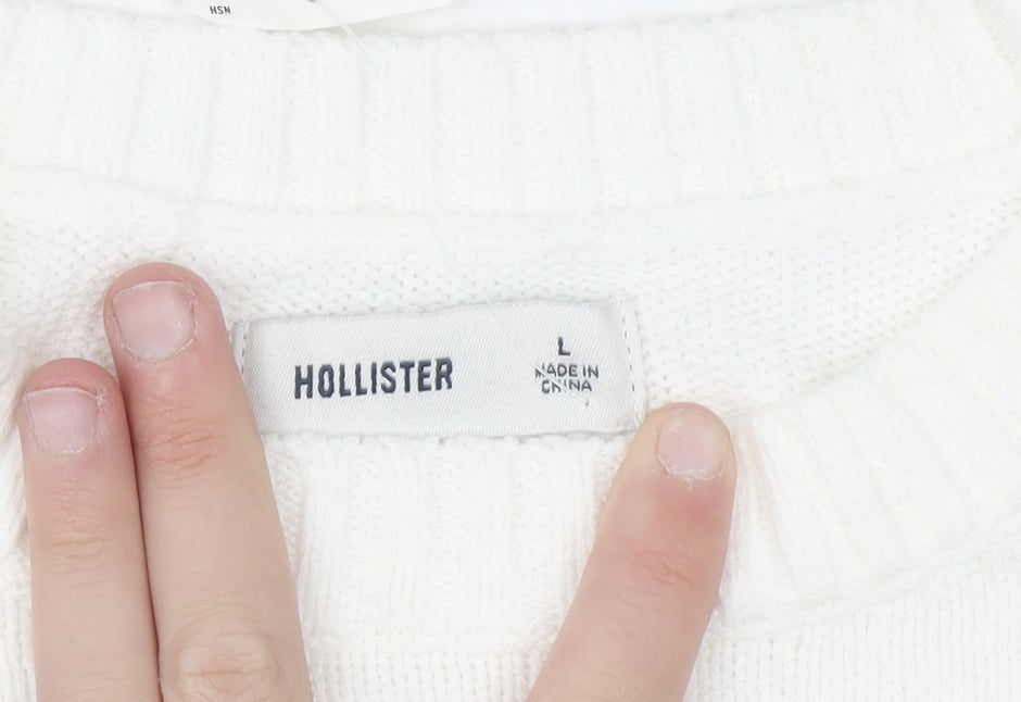 Hollister Women White L Knit Bow Pullover Jumper Cotton Blend