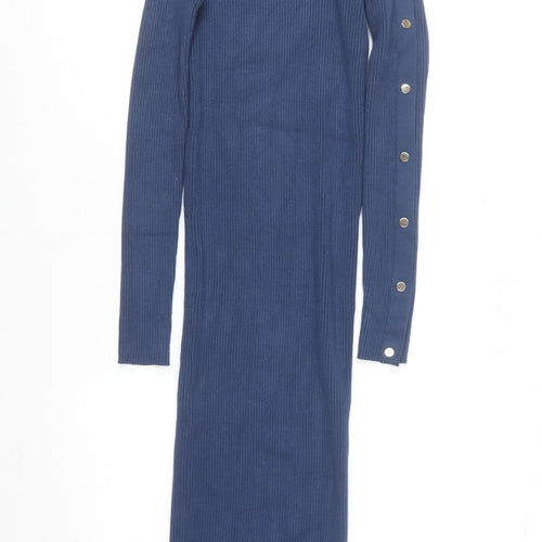 Zara Women Blue Long Bodycon Knit Dress Size 8 High Neck
