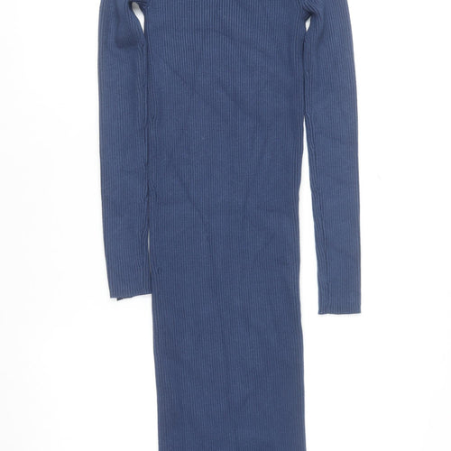 Zara Women Blue Long Bodycon Knit Dress Size 8 High Neck