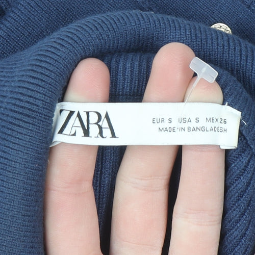 Zara Women Blue Long Bodycon Knit Dress Size 8 High Neck