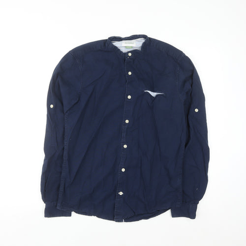 Pull&Bear Men's Blue 36 Woven Cotton-Linen Button-Up Shirt