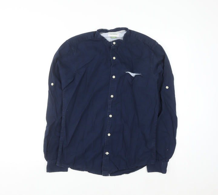 Pull&Bear Men's Blue 36 Woven Cotton-Linen Button-Up Shirt