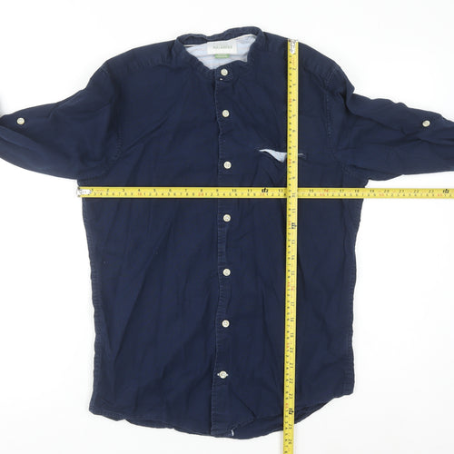 Pull&Bear Men's Blue 36 Woven Cotton-Linen Button-Up Shirt