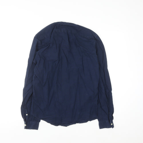 Pull&Bear Men's Blue 36 Woven Cotton-Linen Button-Up Shirt
