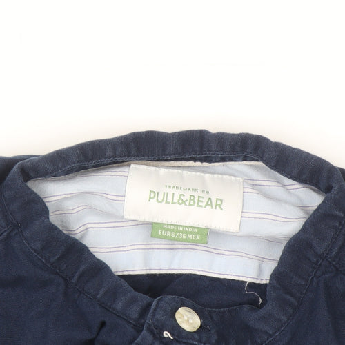 Pull&Bear Men's Blue 36 Woven Cotton-Linen Button-Up Shirt
