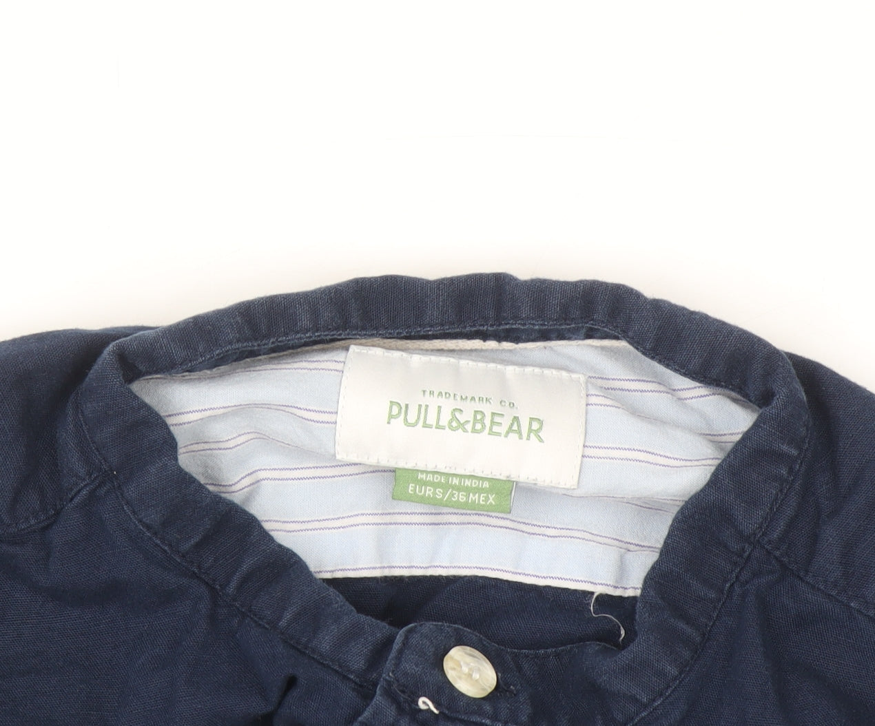 Pull&Bear Men's Blue 36 Woven Cotton-Linen Button-Up Shirt