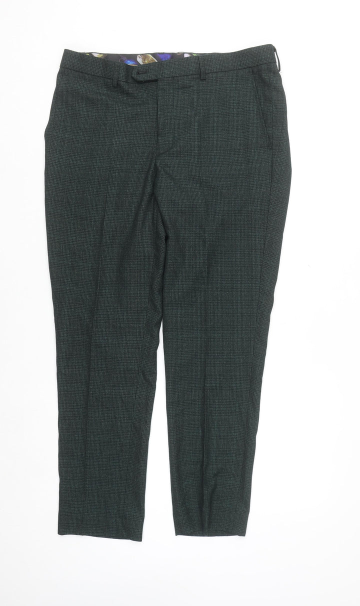 Cavani Mens Green Check Formal Dress Pants 36R Regular Fit Trousers