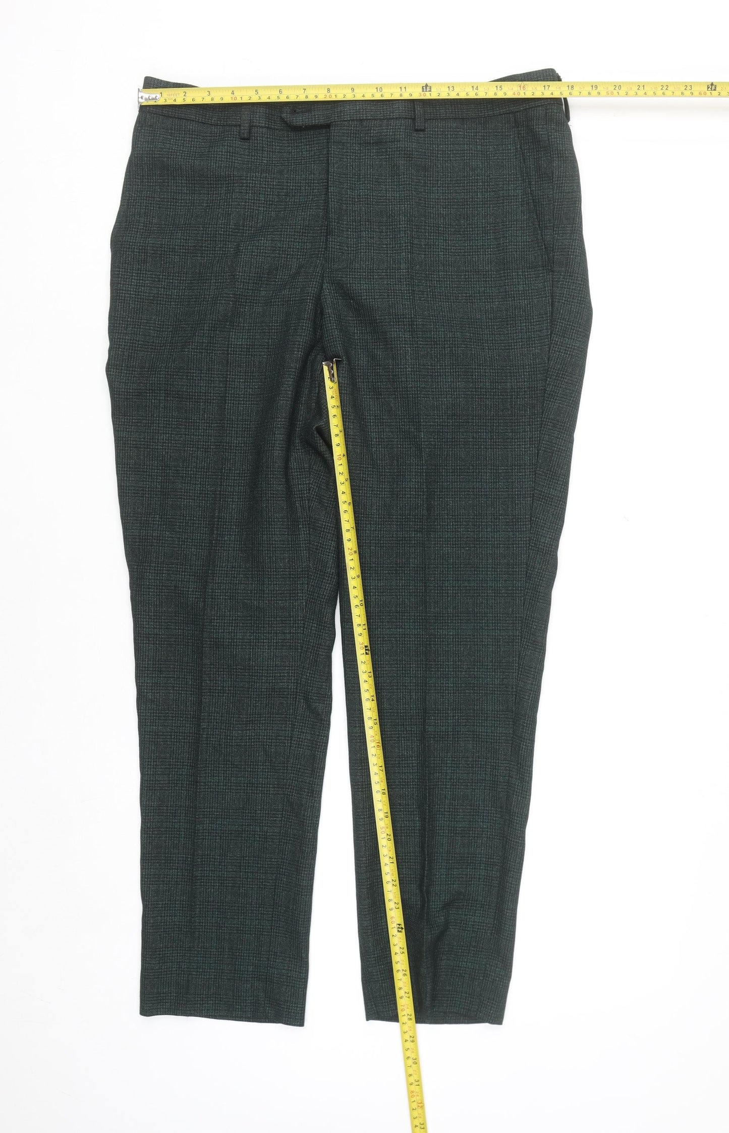 Cavani Mens Green Check Formal Dress Pants 36R Regular Fit Trousers