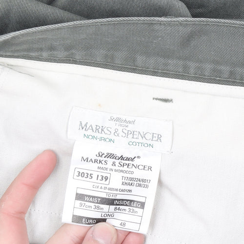 Marks and Spencer Men's Green Chino Trousers 38W 33L Cotton Regular Fit