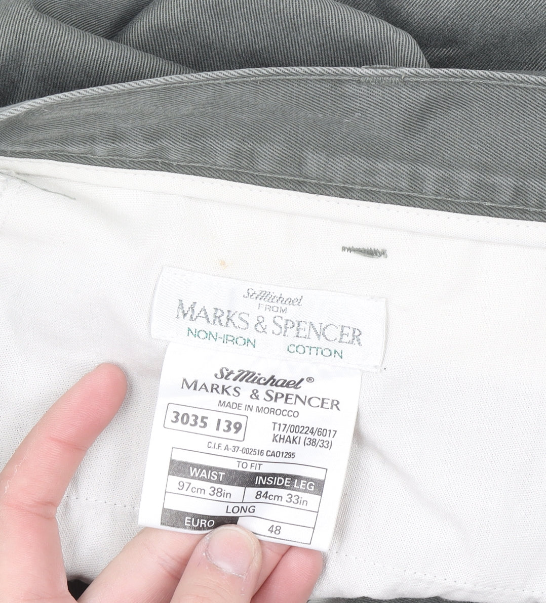 Marks and Spencer Men's Green Chino Trousers 38W 33L Cotton Regular Fit