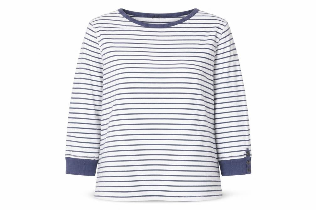 Front view of Brandtex Women White Blue Striped Pullover Sweatshirt XL Long Sleeve