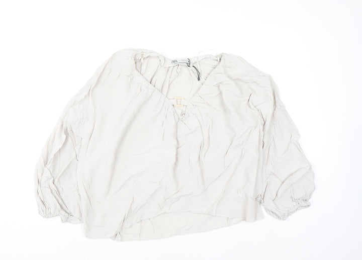 Zara Women Ivory Viscose Tunic Blouse XL Long Sleeve Relaxed Fit