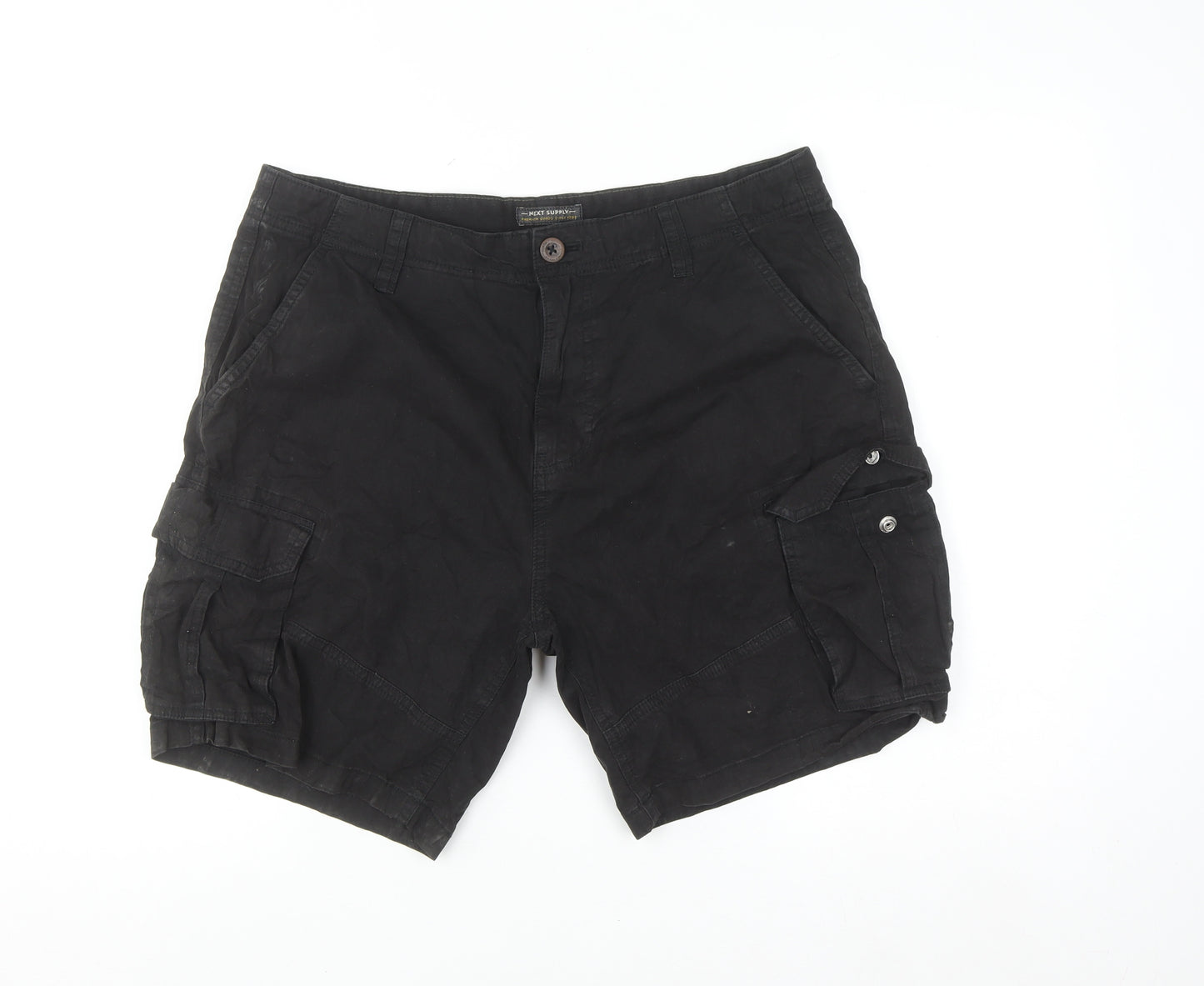 Next Men's Black Cargo Shorts Size S 34in Cotton Pockets Zip Casual