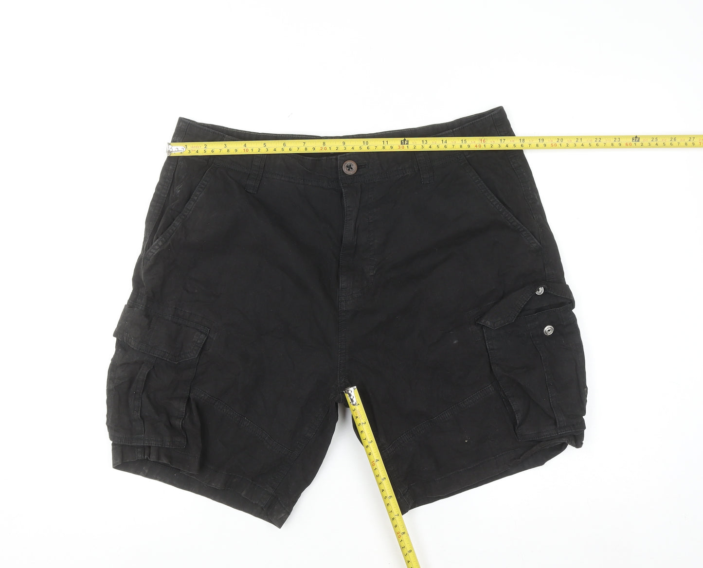 Next Men's Black Cargo Shorts Size S 34in Cotton Pockets Zip Casual