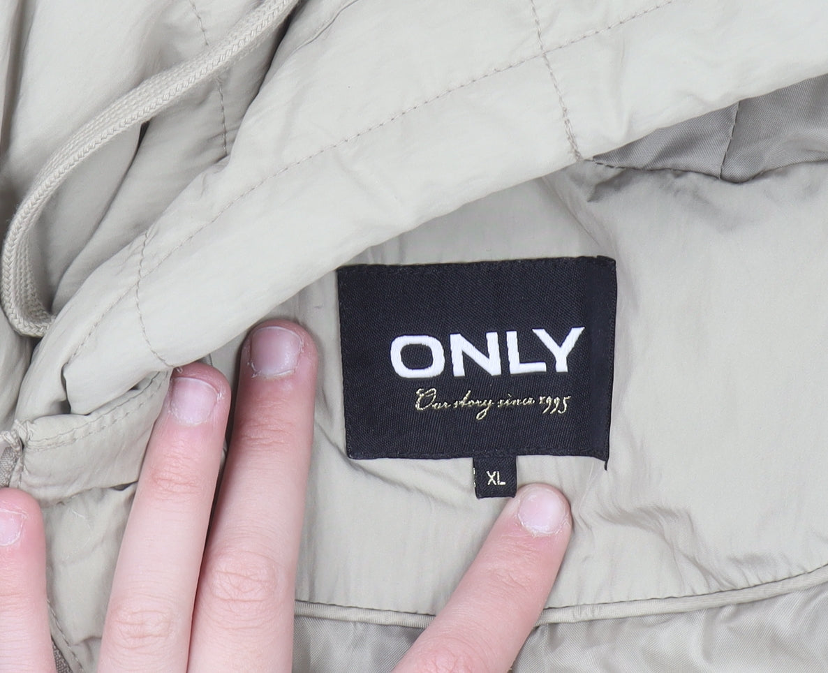 ONLY Womens Beige XL Puffer Coat Hooded Long Winter Jacket