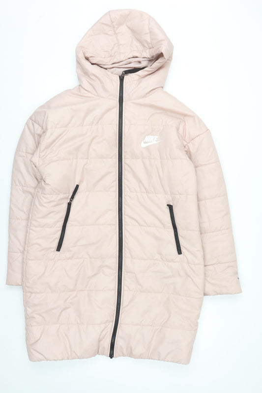 Nike Women's Pink Therma-Fit Long Puffer Coat Size M Hooded Winter Jacket