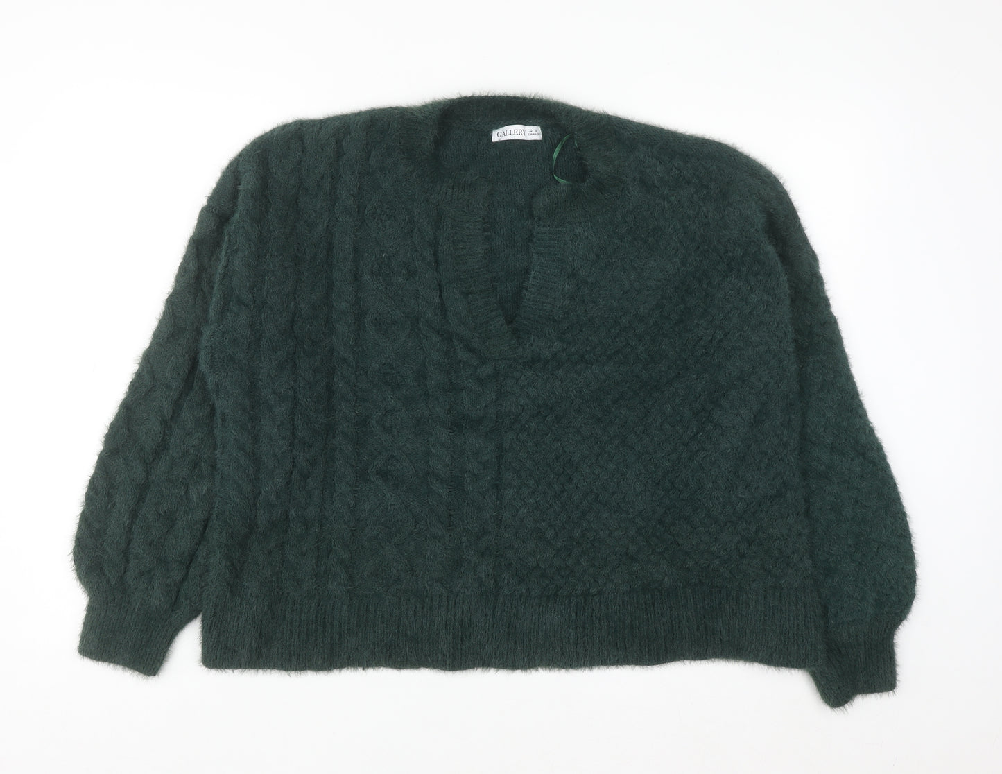 Gallery Women's Green Cable-Knit V-Neck Pullover Jumper XL