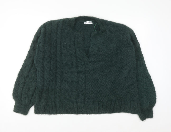 Gallery Women's Green Cable-Knit V-Neck Pullover Jumper XL