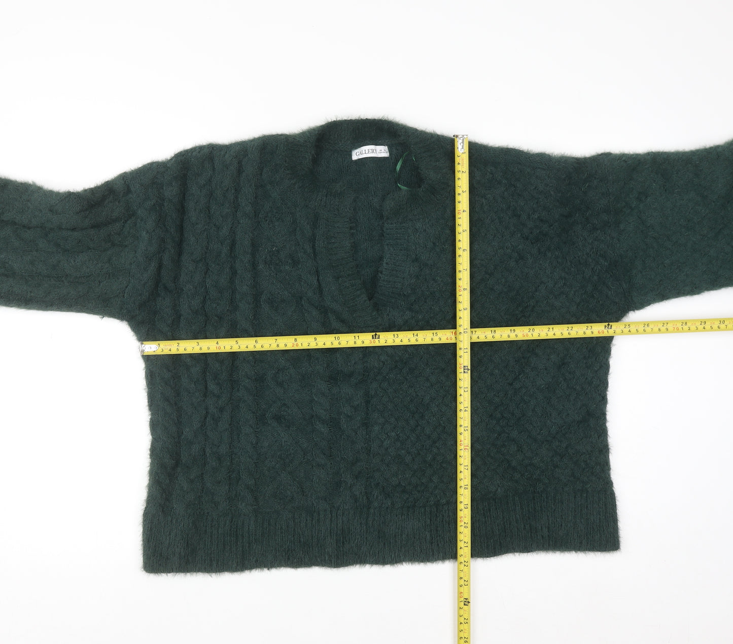 Gallery Women's Green Cable-Knit V-Neck Pullover Jumper XL