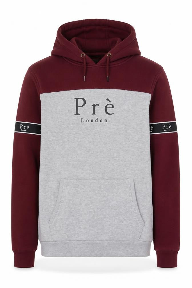 Front view of Prè London Men’s Grey Red Pullover Hoodie Medium Graphic Logo