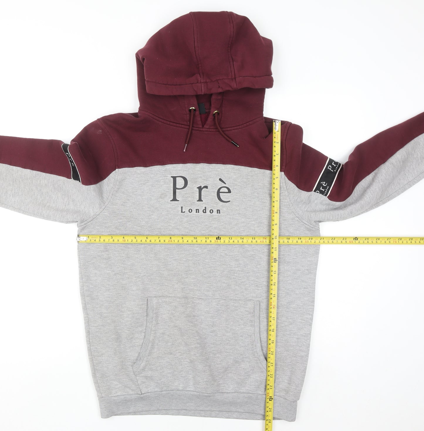 Prè London Men’s Grey Red Pullover Hoodie Medium Graphic Logo