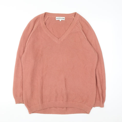 Meadows & Byrne Women Pink Cotton V-Neck Chunky Knit Jumper Size L