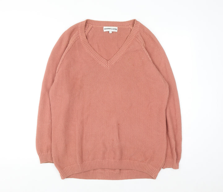 Meadows & Byrne Women Pink Cotton V-Neck Chunky Knit Jumper Size L
