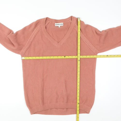Meadows & Byrne Women Pink Cotton V-Neck Chunky Knit Jumper Size L
