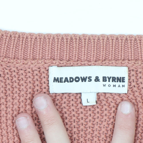 Meadows & Byrne Women Pink Cotton V-Neck Chunky Knit Jumper Size L