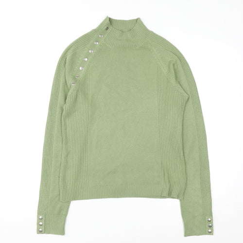 Chickadee Women’s Green Mock Neck Button Trim Knit Jumper Size S