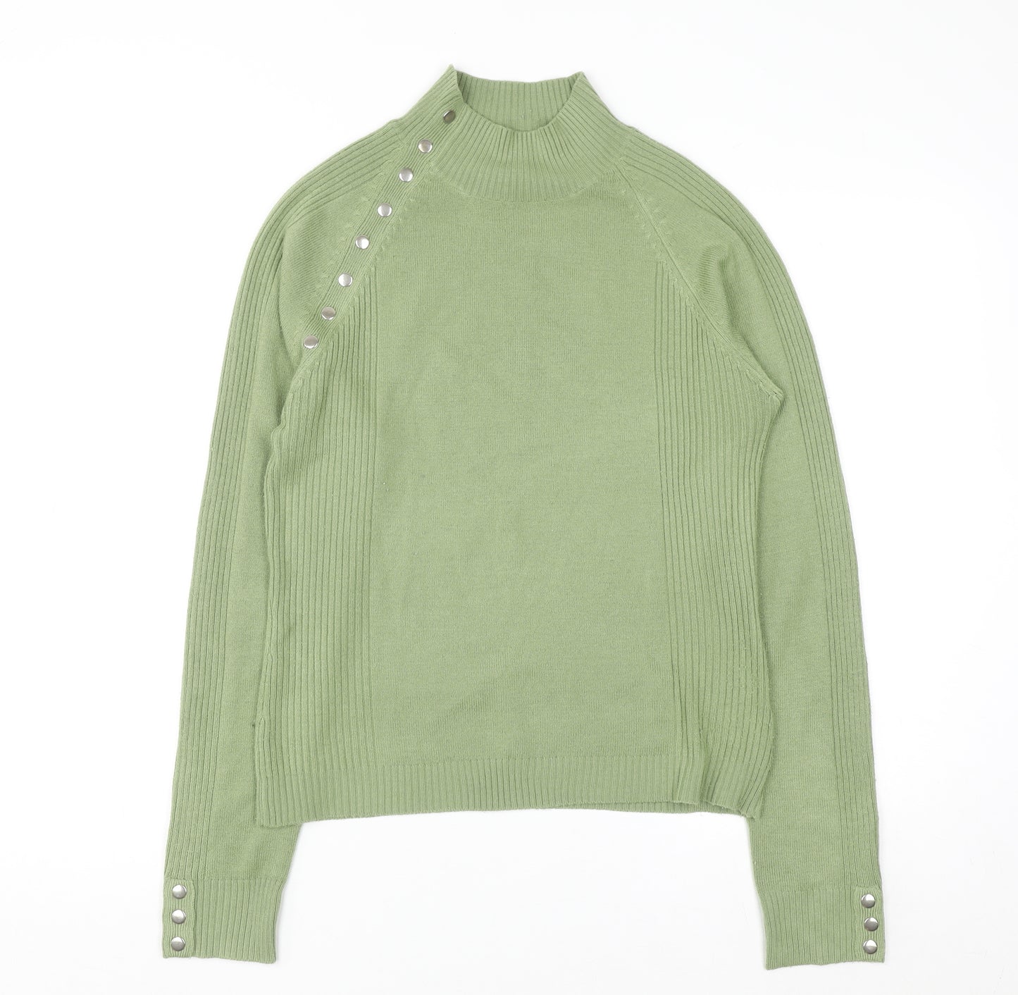 Chickadee Women’s Green Mock Neck Button Trim Knit Jumper Size S