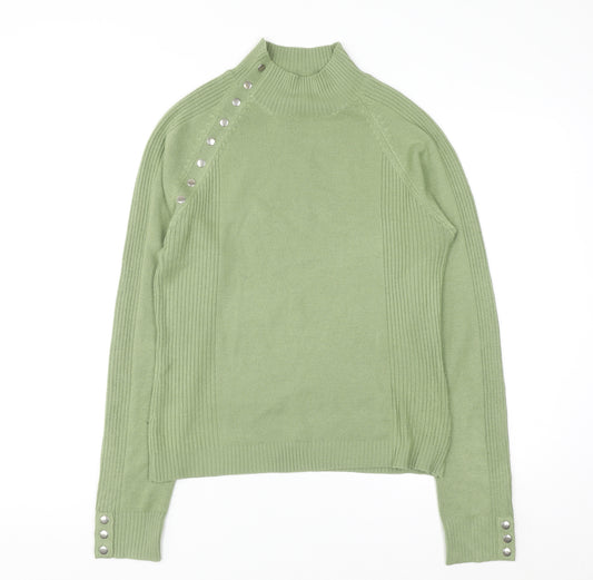 Chickadee Women’s Green Mock Neck Button Trim Knit Jumper Size S
