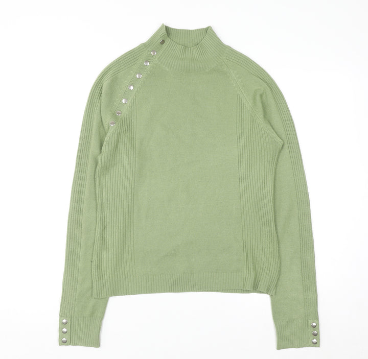 Chickadee Women’s Green Mock Neck Button Trim Knit Jumper Size S